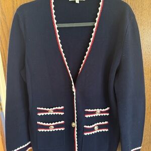 Maje Navy Cardigan with Red and White Trim